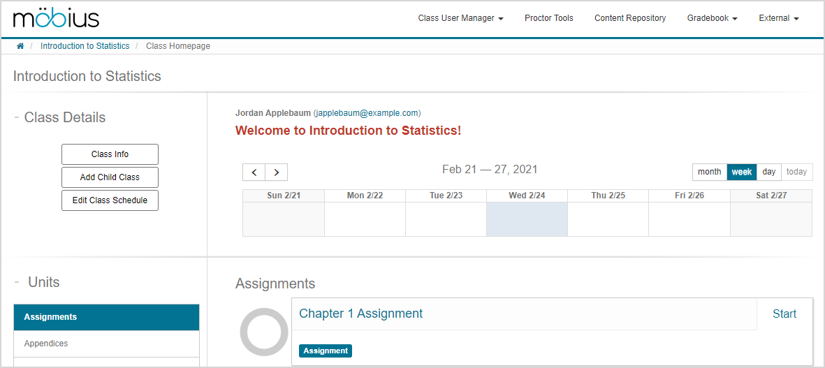 Class Homepage for an instructor showing class details, units, activities, and the class calendar.